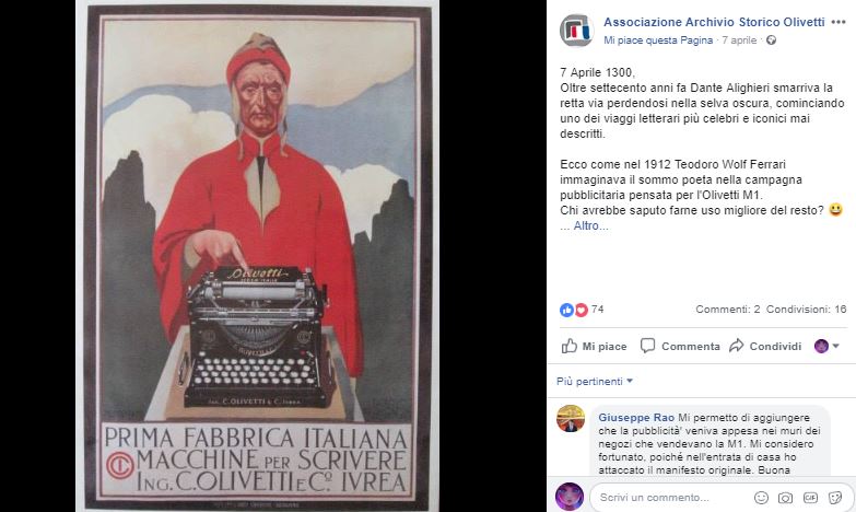 pubblicità con Dante Alighieri della macchina da scrivere Olivetti Storia di Innovazione